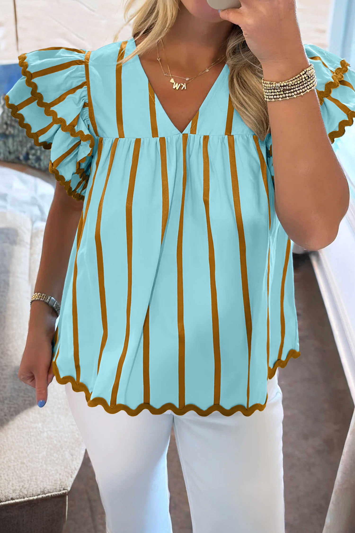 Sky Blue Stripe Ricrac Trim Double Ruffled Short Sleeve V Neck Blouse