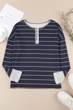 Navy Blue Striped Buttoned Henley Waffle Knit Top