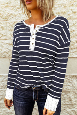 Navy Blue Striped Buttoned Henley Waffle Knit Top