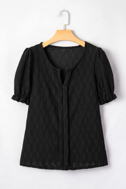 Black Solid Color Textured Notched Neck Puff Sleeve Blouse