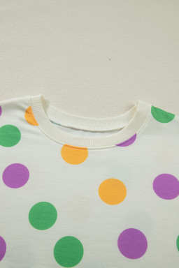 Multicolour Polka Dot Print Drop Shoulder Pullover Drawstring Shorts Set