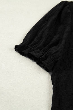 Black Solid Color Textured Notched Neck Puff Sleeve Blouse