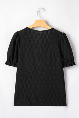Black Solid Color Textured Notched Neck Puff Sleeve Blouse