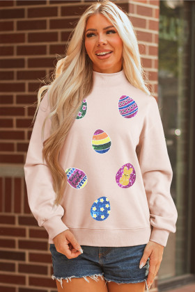 Apricot Pink Artistic Easter Eggs Sequin Patch Graphic Mock Neck Sweatshirt