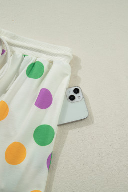 Multicolour Polka Dot Print Drop Shoulder Pullover Drawstring Shorts Set