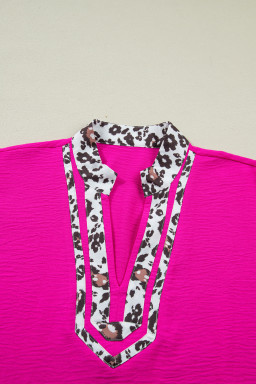 Rose Red Dolman Half Sleeve Leopard Patchwork Trim V Neck Blouse