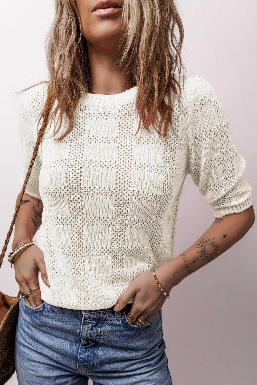 White Plaid Pattern Crochet Knit Short Sleeve Sweater