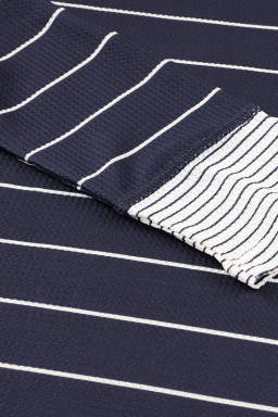 Navy Blue Striped Buttoned Henley Waffle Knit Top