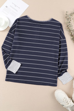 Navy Blue Striped Buttoned Henley Waffle Knit Top