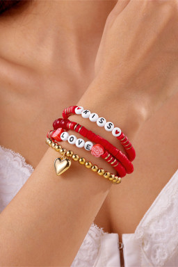 Fiery Red KISS LOVE Valentines Day Golden Beading Bracelets 4pcs Set