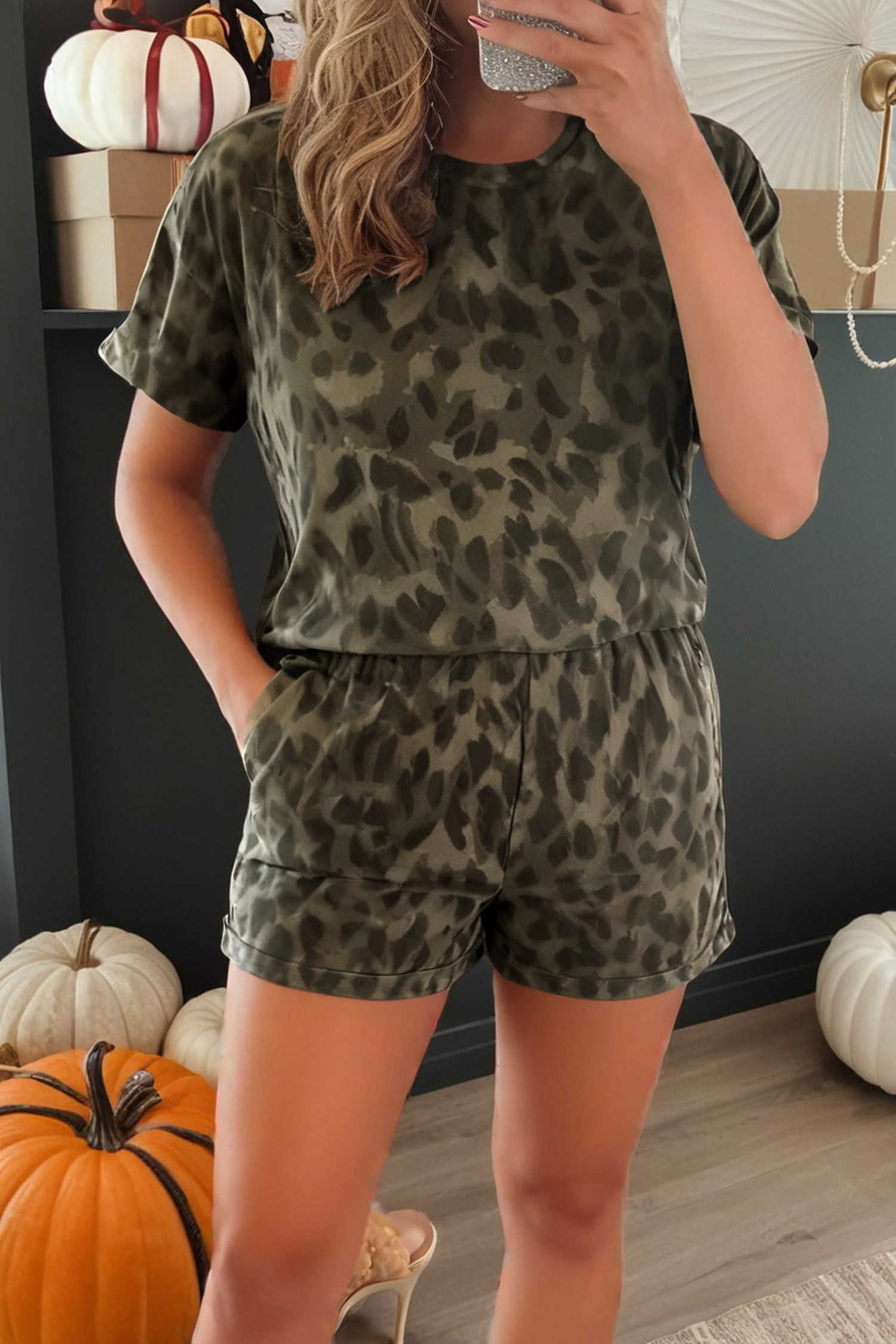 Brown Leopard Print Crew Neck Short Set