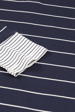 Navy Blue Striped Buttoned Henley Waffle Knit Top