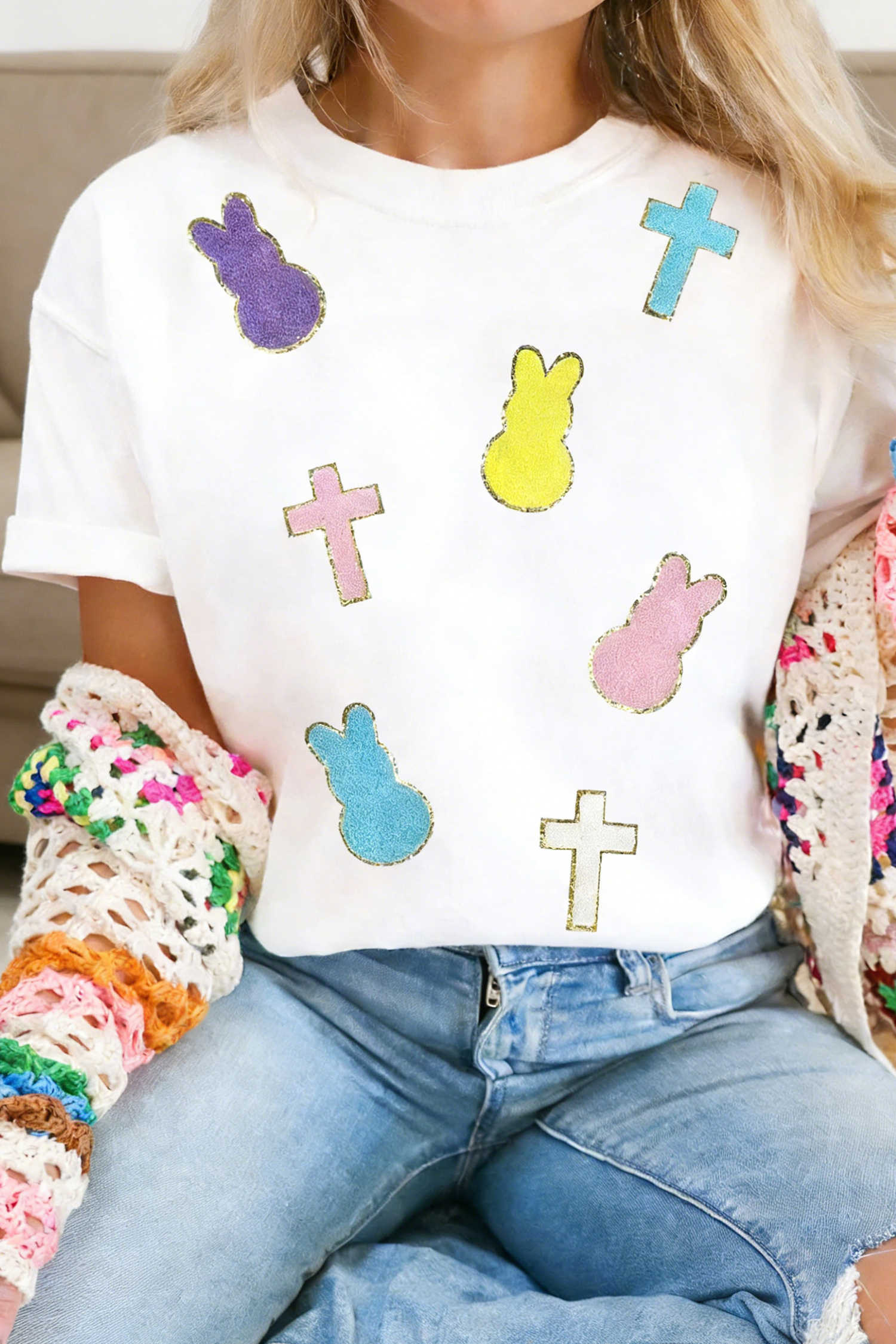 White Chenille Bunny Cross Patch Easter T Shirt