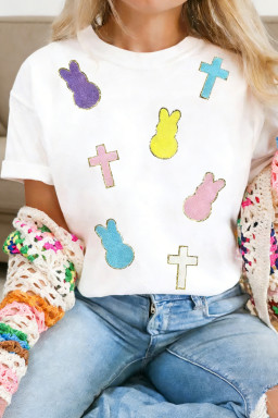 White Chenille Bunny Cross Patch Easter T Shirt