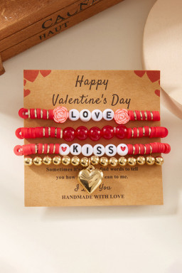 Fiery Red KISS LOVE Valentines Day Golden Beading Bracelets 4pcs Set