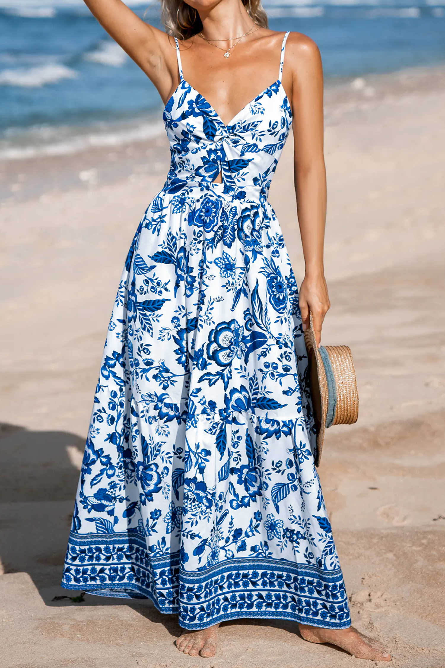 Sky Blue Twisted Bust Spaghetti Straps Backless Floral Maxi Dress