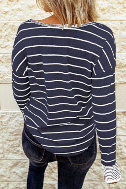 Navy Blue Striped Buttoned Henley Waffle Knit Top