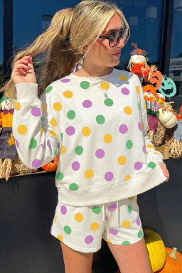 Multicolour Polka Dot Print Drop Shoulder Pullover Drawstring Shorts Set
