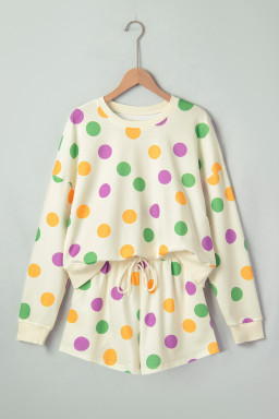 Multicolour Polka Dot Print Drop Shoulder Pullover Drawstring Shorts Set