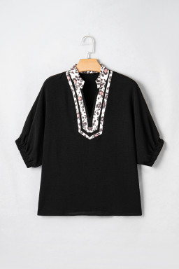 Black Dolman Half Sleeve Leopard Patchwork Trim V Neck Blouse