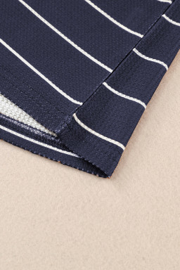 Navy Blue Striped Buttoned Henley Waffle Knit Top