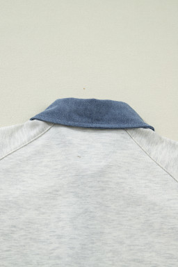 Light Grey Denim Color Block Patchwork Shirt Collar Short Sleeve Blouse