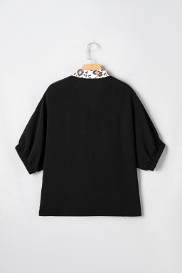 Black Dolman Half Sleeve Leopard Patchwork Trim V Neck Blouse