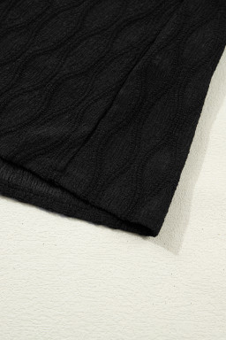 Black Solid Color Textured Notched Neck Puff Sleeve Blouse