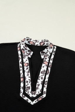 Black Dolman Half Sleeve Leopard Patchwork Trim V Neck Blouse