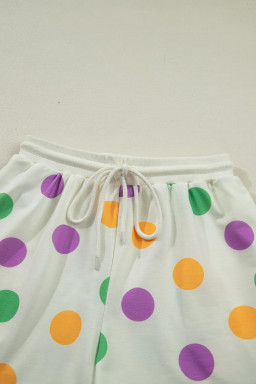 Multicolour Polka Dot Print Drop Shoulder Pullover Drawstring Shorts Set