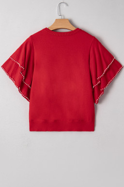 Racing Red Pearl Embellished Double Ruffle Short Sleeve Sweater