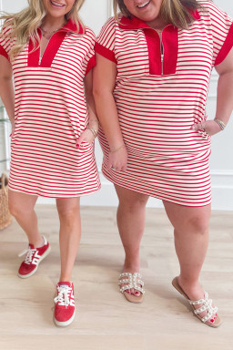 Red Stripe Quarter Zip Polo Collar T Shirt Dress with Pockets