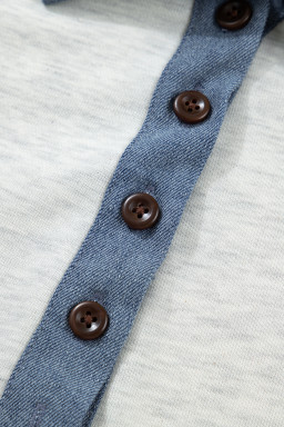 Light Grey Denim Color Block Patchwork Shirt Collar Short Sleeve Blouse