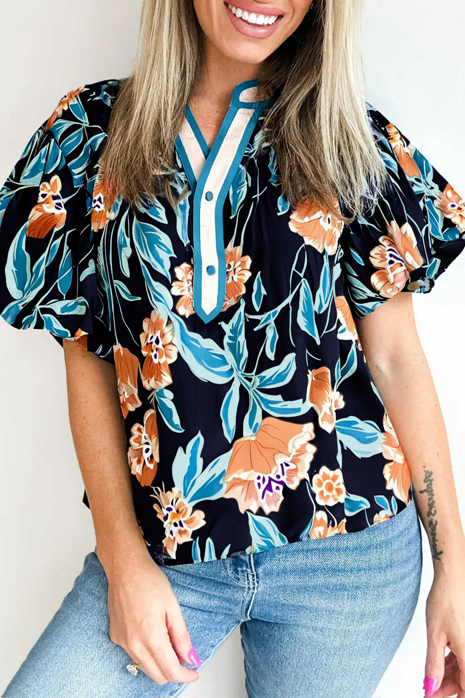 Black Floral Short Bubble Sleeve Buttoned Notched Neck Blouse