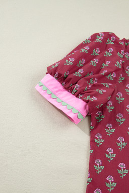 Red Contrast Collared V Neck Ricrac Trim Short Puff Sleeve Flower Blouse