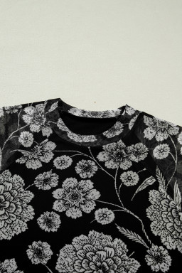 Black Thumbhole Long Sleeve Floral Print Mesh Top