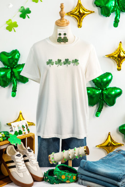 White Embroidered Clover St Patricks Fashion Graphic Tee