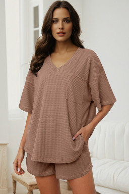 Chestnut Solid Color Waffled V Neck Loose Tee Drawstring Shorts Set
