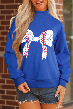 Dark Blue Baseball Large Bow Mock Neck Sweatshirt