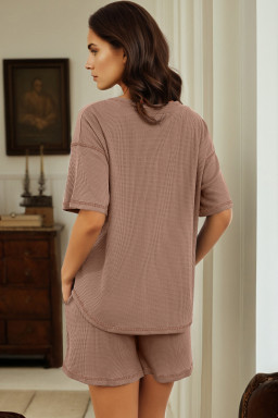 Chestnut Solid Color Waffled V Neck Loose Tee Drawstring Shorts Set