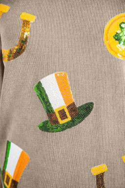 Khaki Sequin Horseshoe Mardi Gras Graphic Corded Ribbed Baggy Sweatshirt