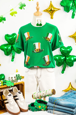 Bright Green Sequin St Patricks Day Hat Relaxed T Shirt