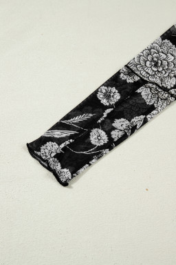 Black Thumbhole Long Sleeve Floral Print Mesh Top