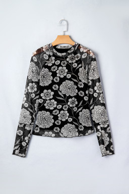Black Thumbhole Long Sleeve Floral Print Mesh Top
