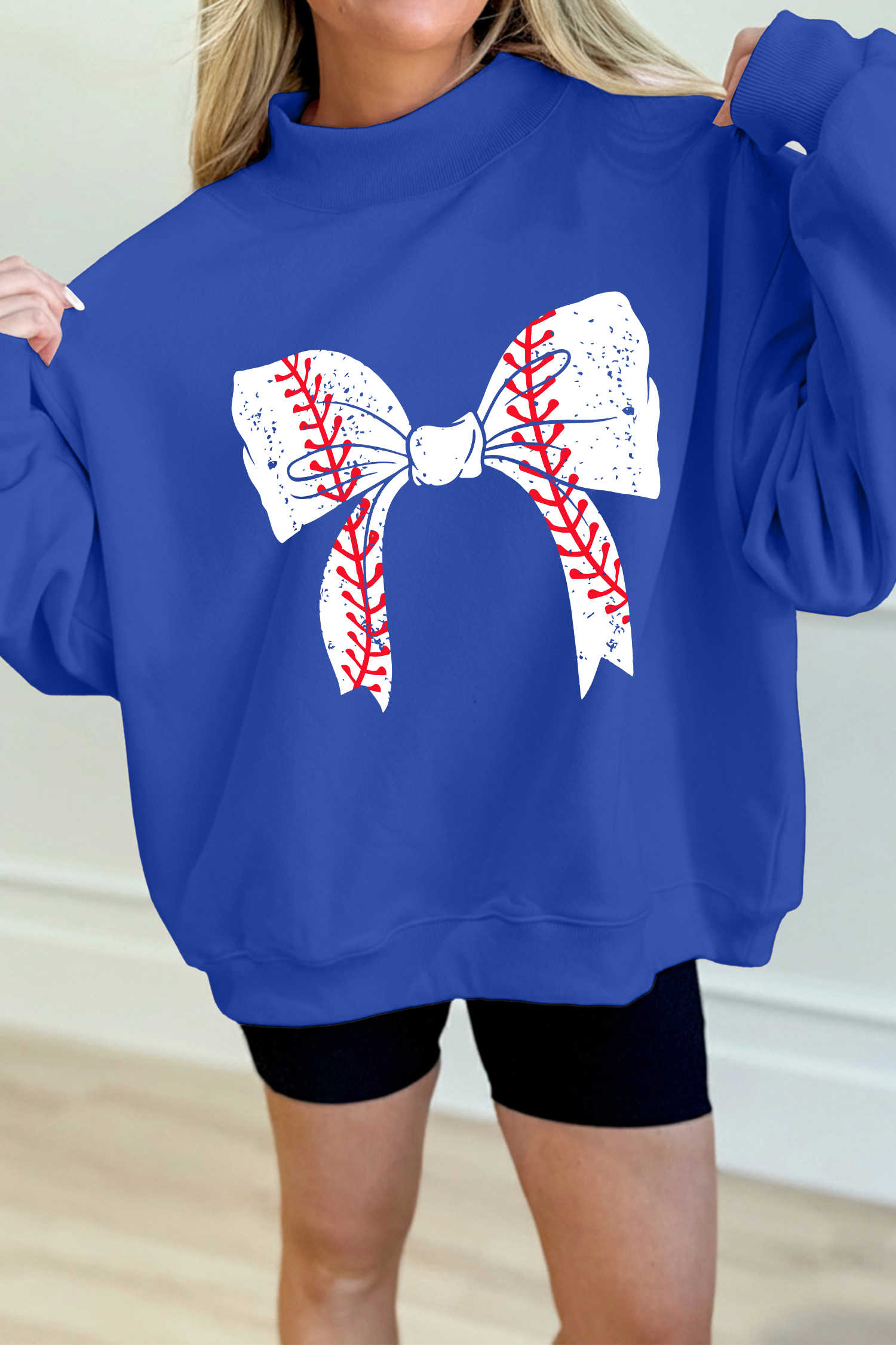 Dark Blue Baseball Large Bow Mock Neck Sweatshirt