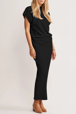 Black Solid Color Knit Dolman Tee Ribbed Split Skirt 2pcs Sweater Set