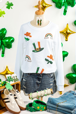 White Mardi Gras Festive Elements Sequin Graphic Long Sleeve Tee