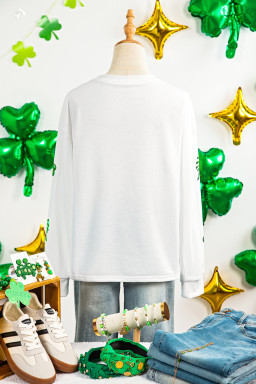 White Sequin Clover Bow Patched Long Sleeve Graphic Tee