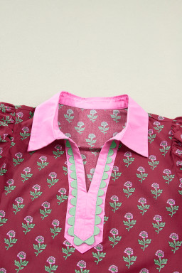 Red Contrast Collared V Neck Ricrac Trim Short Puff Sleeve Flower Blouse