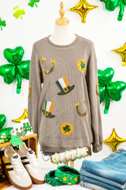 Khaki Sequin Horseshoe Mardi Gras Graphic Corded Ribbed Baggy Sweatshirt